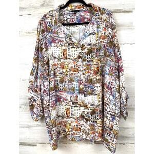 John Mark Womens 3X Multi Novelty Buildings Village Travel Button Down Shirt NWT